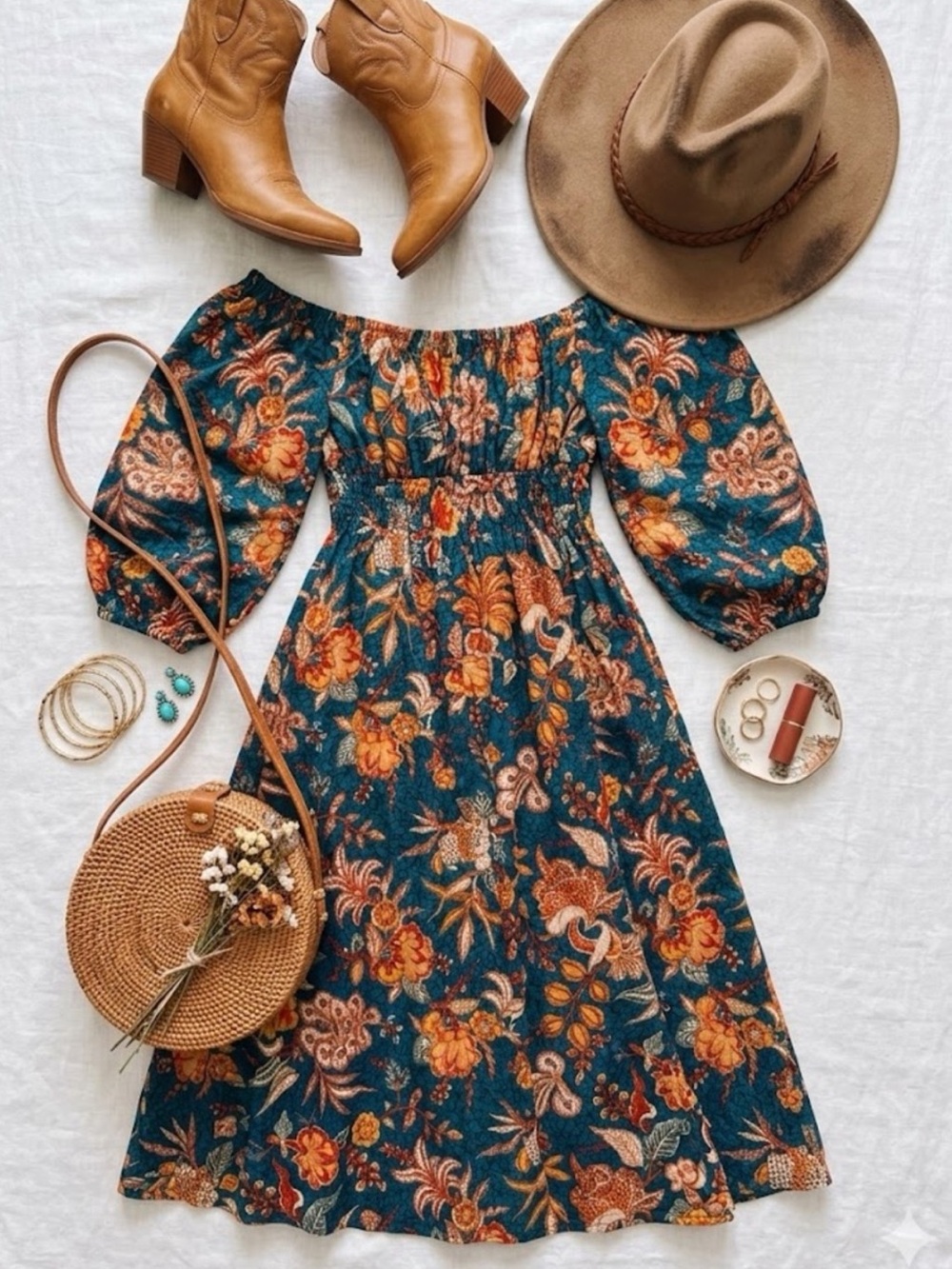 Ulla Johnson Floral Off-Shoulder Midi Dress in Teal and Rust